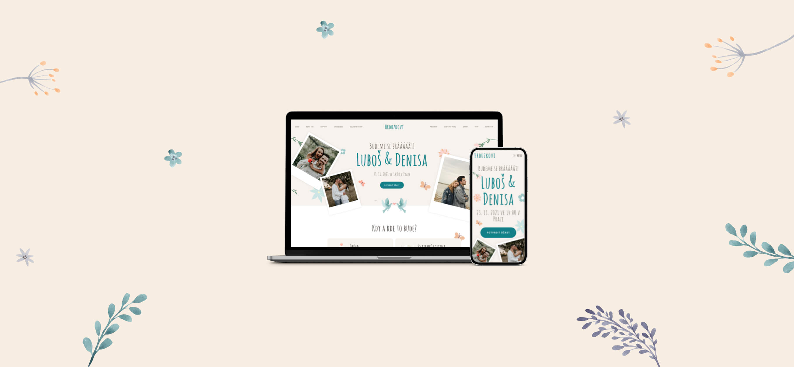 Svatební web páru zobrazený na notebooku a na mobilu