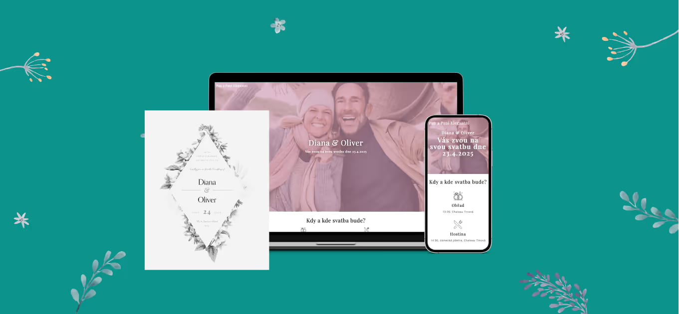 A paper wedding invitation next to a laptop and a phone showing the wedding website on a green background