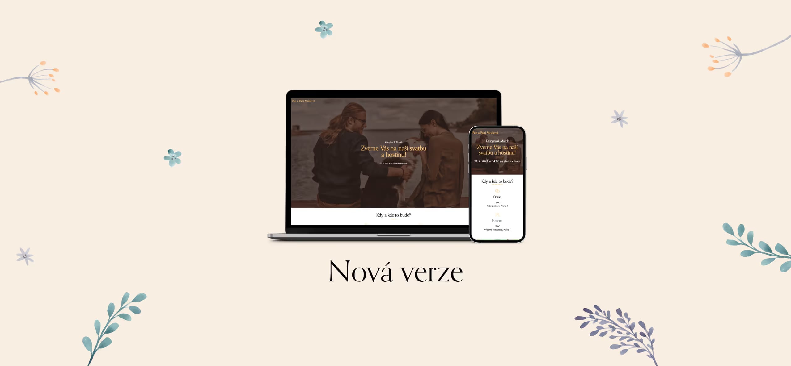The WeMarry wedding website on a laptop and a phone with the words “Nová verze”