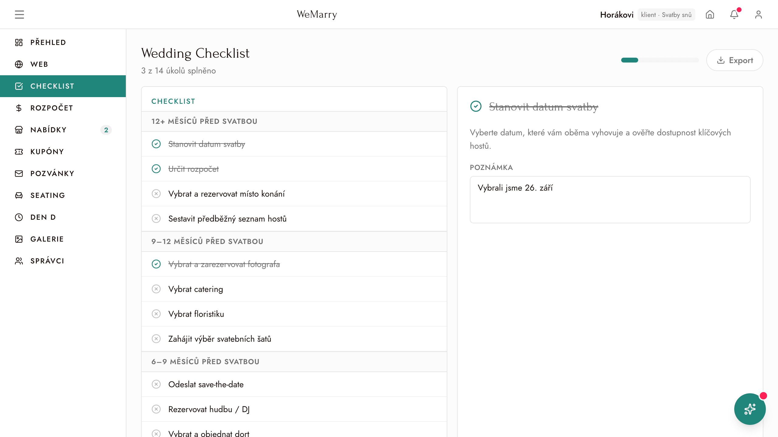 The checklist of a client wedding in the WeMarry interface, sample data.