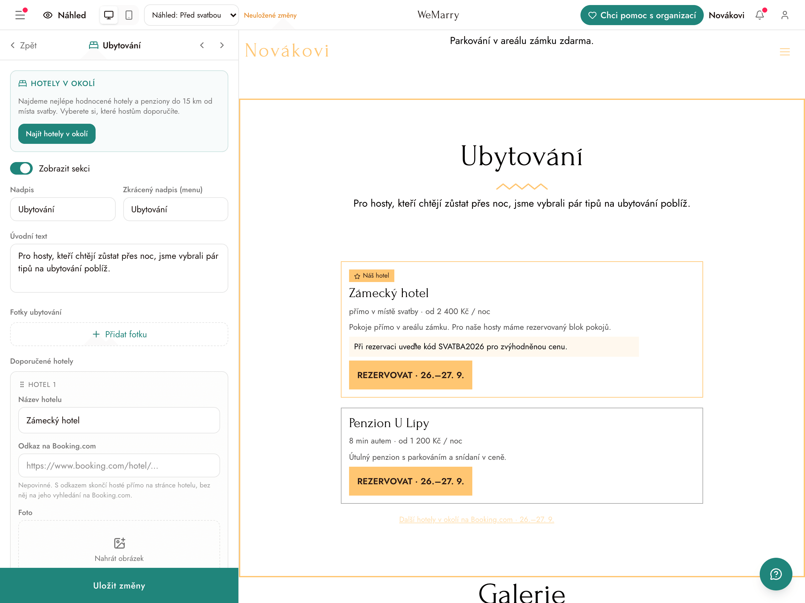 Sekce Ubytování v editoru s tlačítkem Najít hotely v okolí a náhled webu se dvěma doporučenými hotely a kódem pro blok pokojů