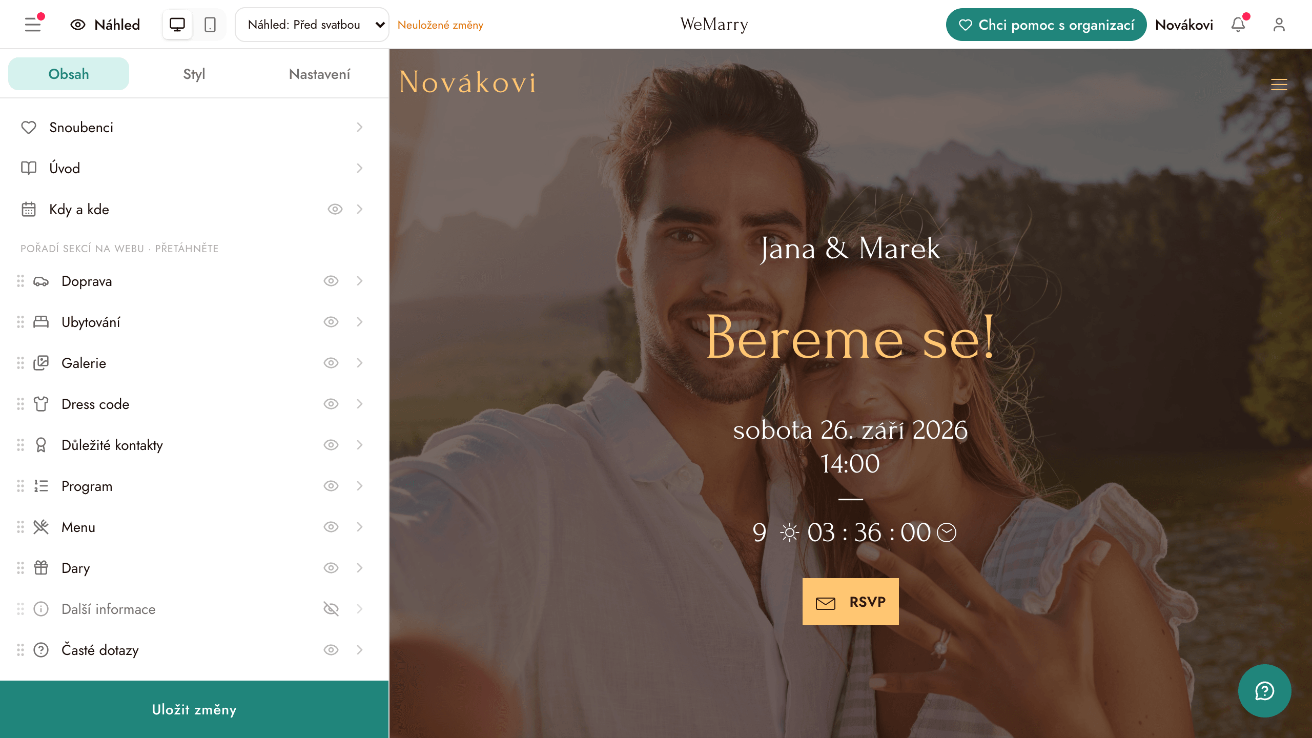 Editor svatebního webu: seznam sekcí s úchyty pro přetažení a ikonami oka vedle živého náhledu webu