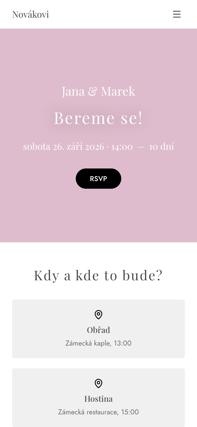 Svatební web Jany a Marka na mobilu — jména, datum svatby, odpočet a tlačítko RSVP pro potvrzení účasti.